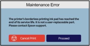 The printer’s borderless printing ink pad has reached the end of its service life. It is not a user-replaceable part.